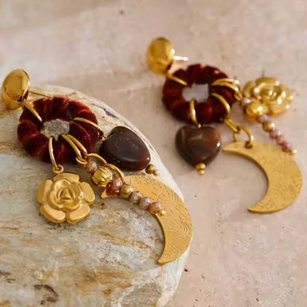 Celestial Bloom Charm Earrings Moon Heart Flower Burgandy Velvet | NWOT